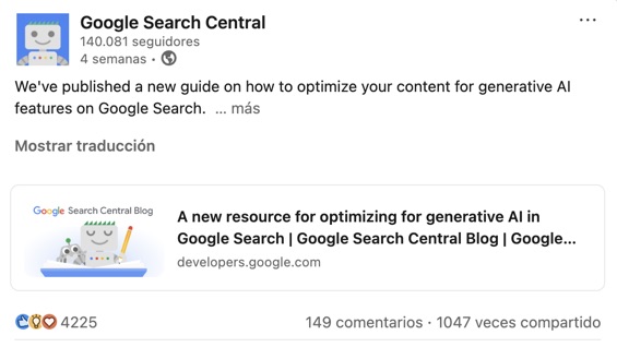 Screen Shot 2026-06-13 at 94710 AM | Perinola Captura de publicación realizada por Google Search Central en la que por primera vez se pronuncia acerca de cómo optimizar contenido para IA