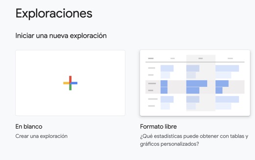 Captura mostrando la opción de Exploración Formato Libre de Google Analytics