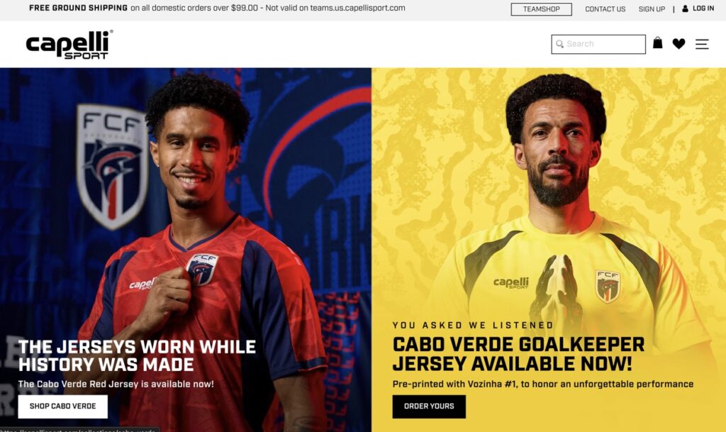 Screen Shot 2026-06-22 at 112526 PM | Perinola Captura de la portada del sitio web de Capelli Sport mostrando a Vozinha y la selección de Cabo Verde