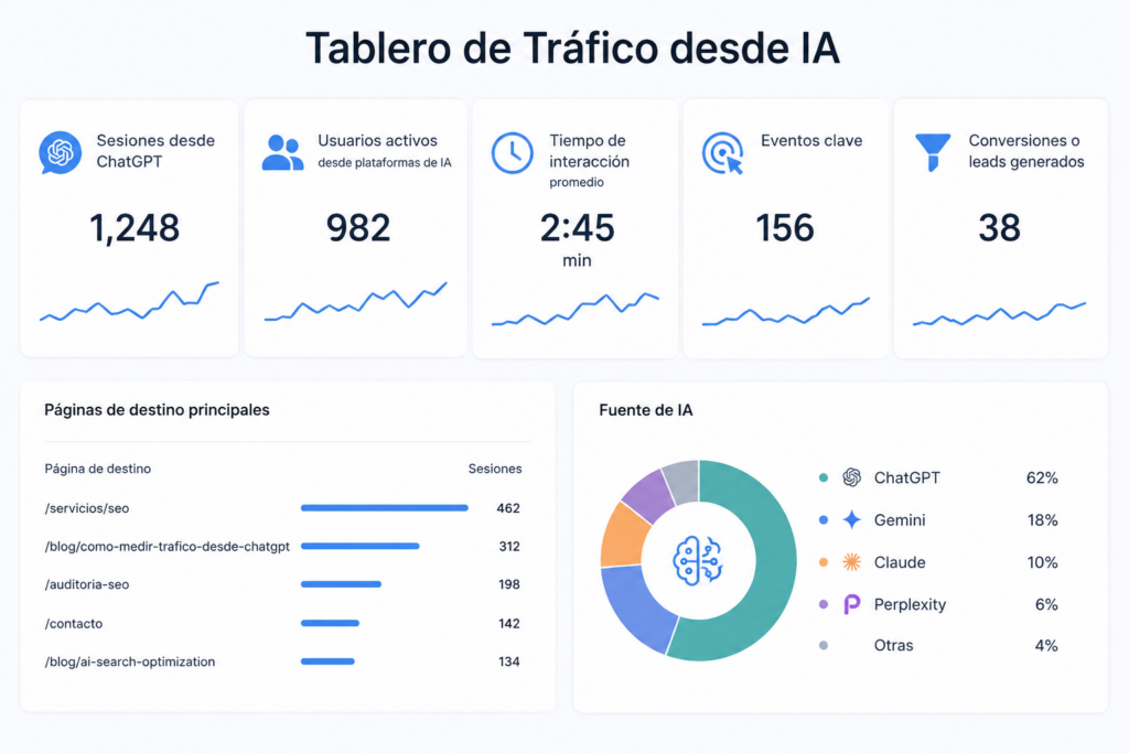 Imagen conceptual mostrando Como medir tráfico desde ChatGPT y cómo debería de verse un tablero de tráfico desde IA mostrando sesiones, usuarios activos, tiempo de interacción, eventos y conversiones o leads generados