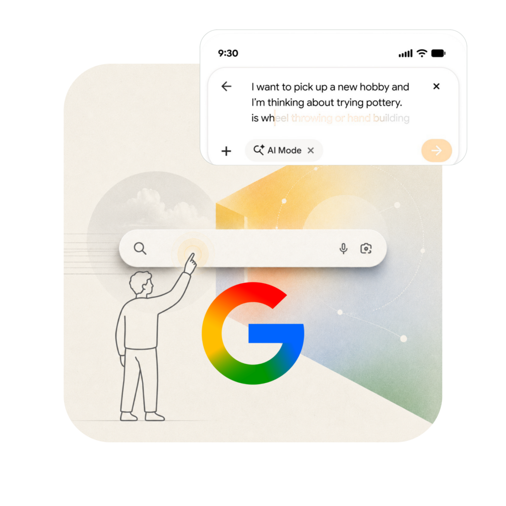 Imagen que muestra la evolución de la casilla de búsqueda de Google y cómo ahora SEO para IA será lo más importante para poder tener buen ranking