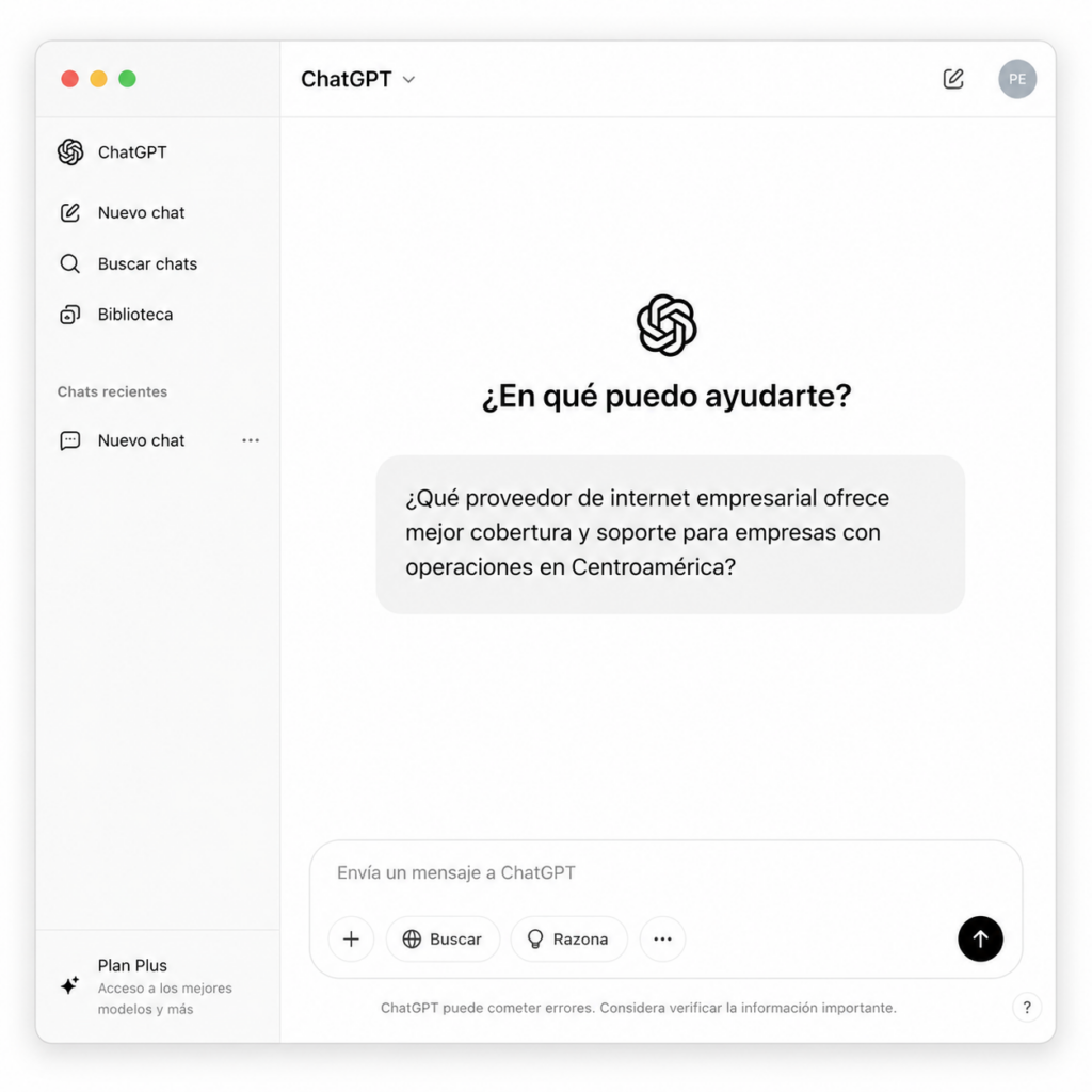 Imagen que ilustra la Visibilidad en IA y cómo buscaría un gerente ¿Qué proveedor de internet empresarial ofrece mejor cobertura y soporte para empresas con operaciones en centroamerica?