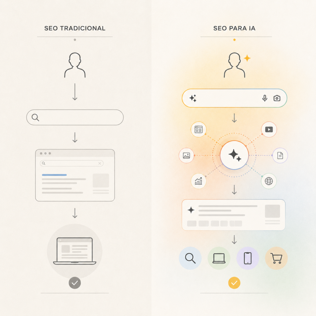 Gráfica que muestra la diferencia entre la búsqueda tradicional SEO y el SEO para la IA, la cual obtiene datos de diferentes fuentes
