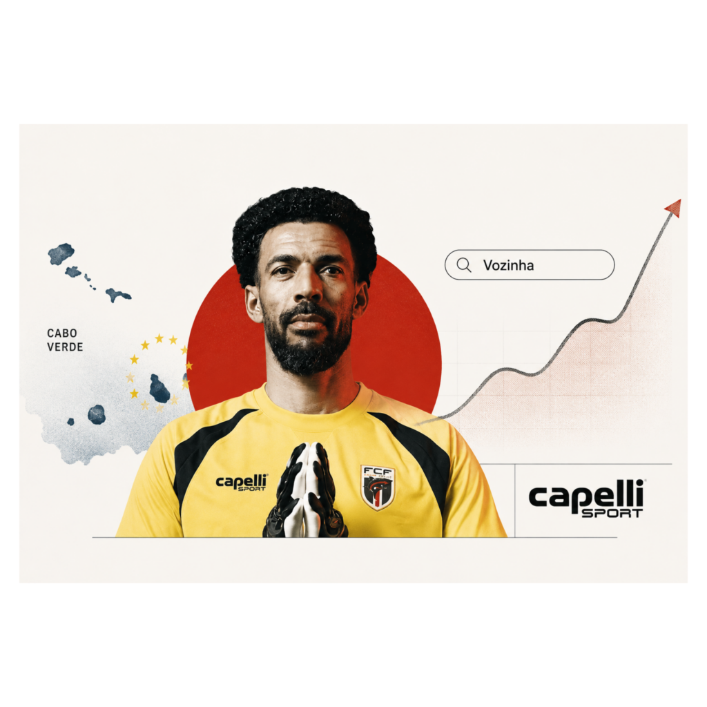 Retrato de Vozinha, guardameta de Cabo Verde, sobre un fondo minimalista con elementos gráficos que representan búsquedas, crecimiento de popularidad y presencia digital. La composición incluye referencias visuales a Cabo Verde, Capelli Sport y una tendencia ascendente de interés global.