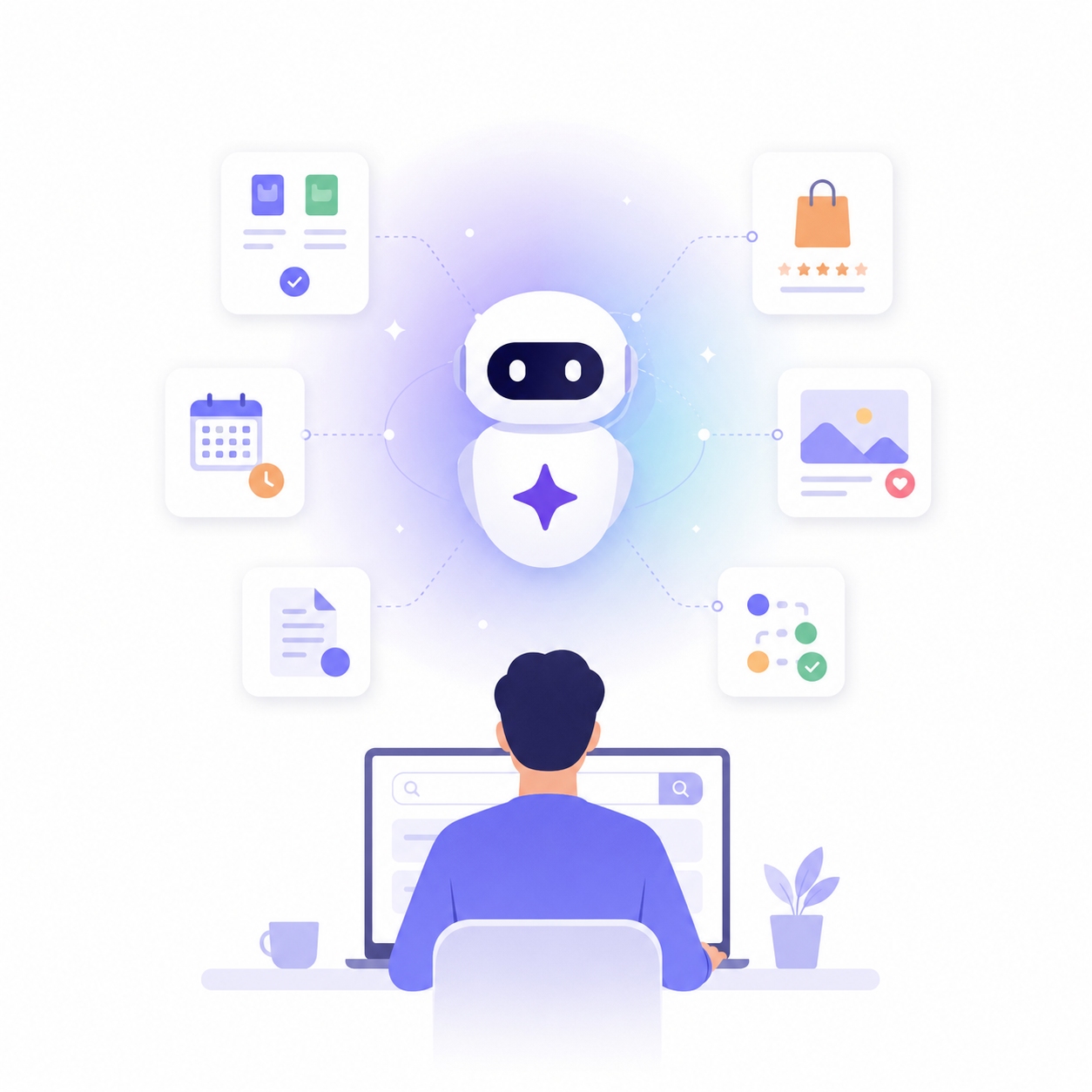 Ilustración de un agente de IA asistiendo a un usuario durante una búsqueda inteligente, representando la evolución del SEO para IA, la autoridad digital y el futuro de Google Search