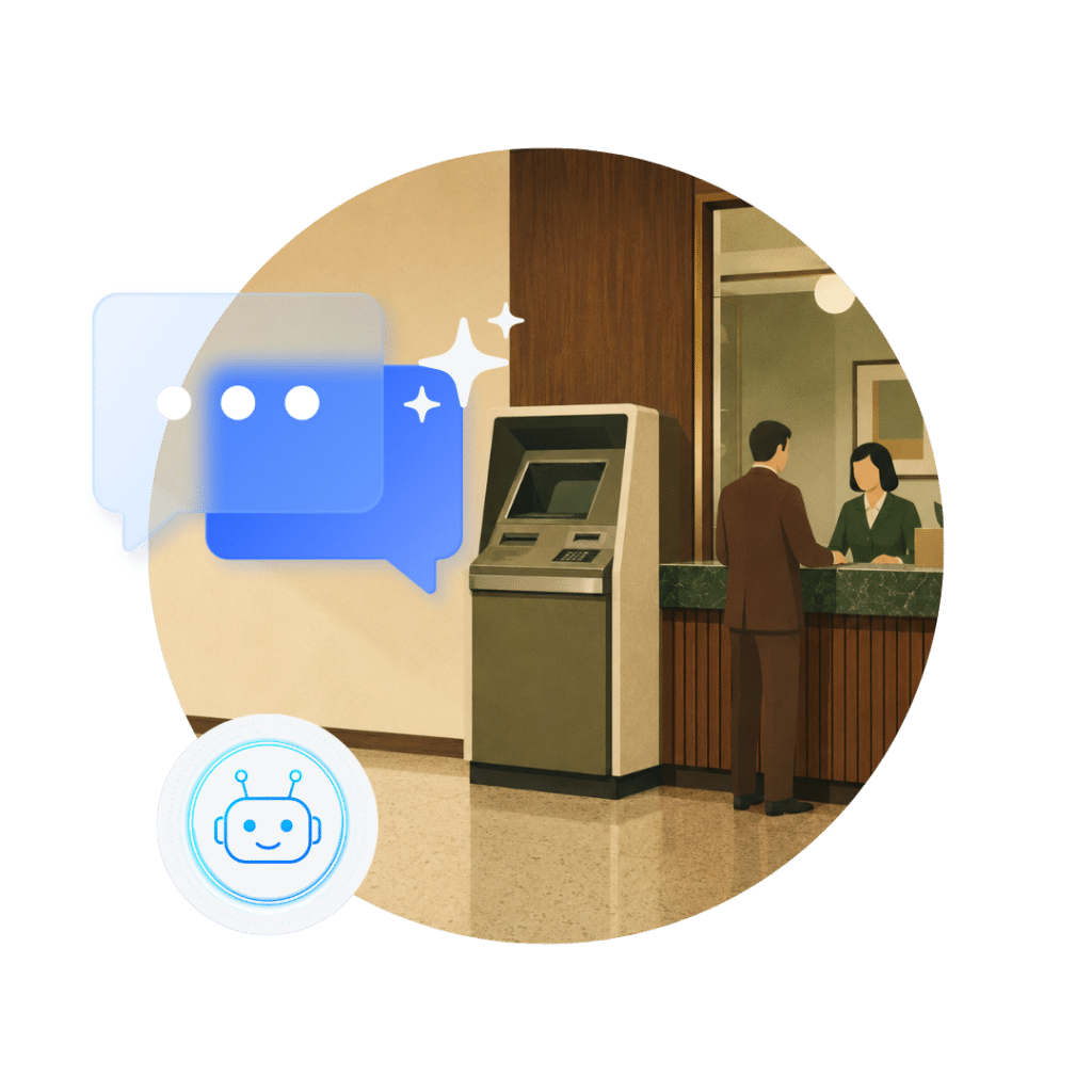 Imagen conceptual mostrando el mito de que los cajeros reemplazarian a las personas como analogia de que los Agentes IA reemplazaran a las personas de contact centers