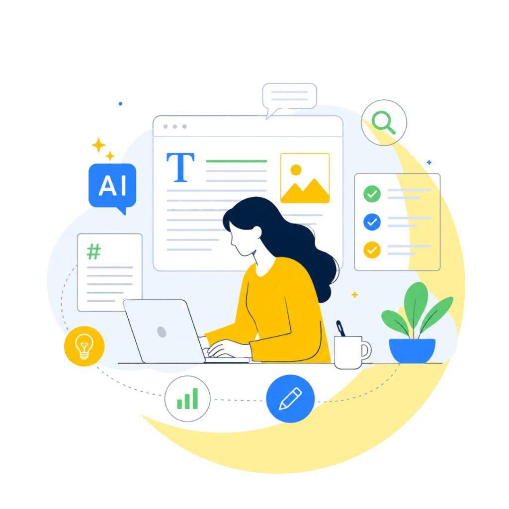 Ilustración de una Copywriter SEO & AI creando contenido optimizado para buscadores e inteligencia artificial, utilizando herramientas de IA para investigación, redacción y estrategia de contenidos.