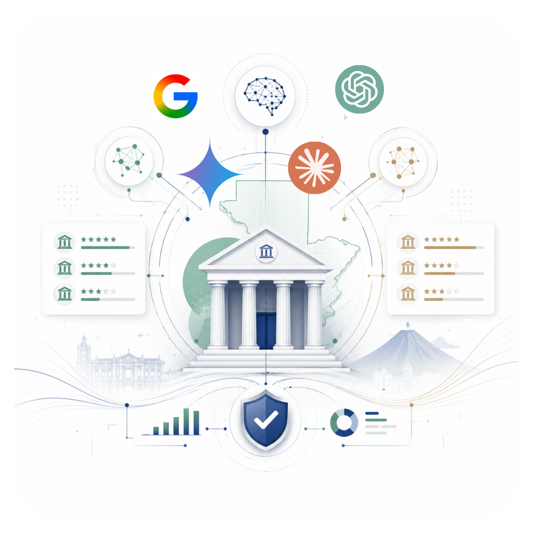 Ilustración de un banco con columnas clásicas rodeado de íconos de inteligencia artificial, un mapa de Guatemala, reseñas con estrellas y gráficas de datos, representando el estudio de visibilidad en IA de la banca guatemalteca