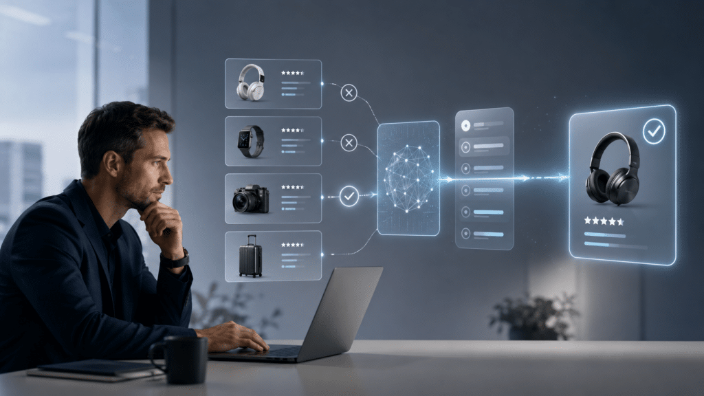 Hombre de negocios frente a una laptop observando una interfaz de inteligencia artificial que compara cuatro productos (audífonos, smartwatch, cámara y maleta) y selecciona la mejor opción según calificaciones y reseñas