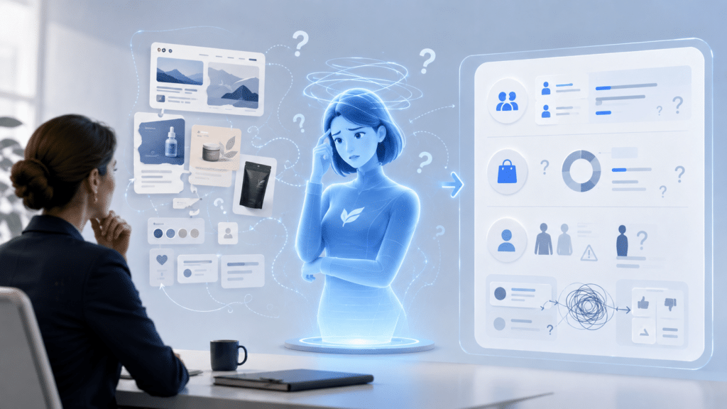 Mujer de negocios observando un holograma de una persona confundida rodeada de signos de interrogación, entre paneles de datos, redes sociales y perfiles de audiencia, en tono azul futurista