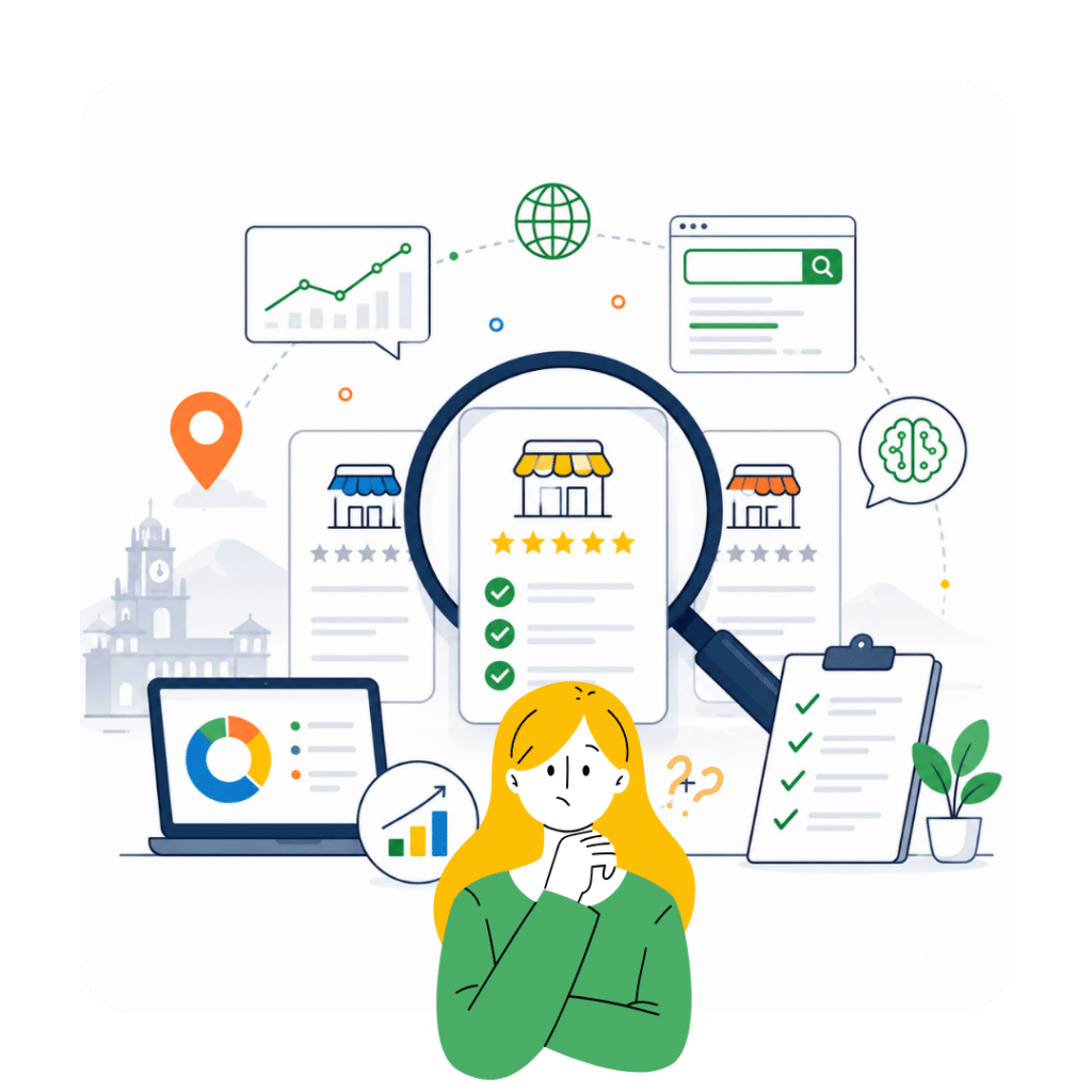 Persona pensativa observando con una lupa perfiles de negocios locales con calificación de estrellas y viñetas de verificación, rodeada de gráficas de crecimiento, búsqueda web y un portapapeles con checklist