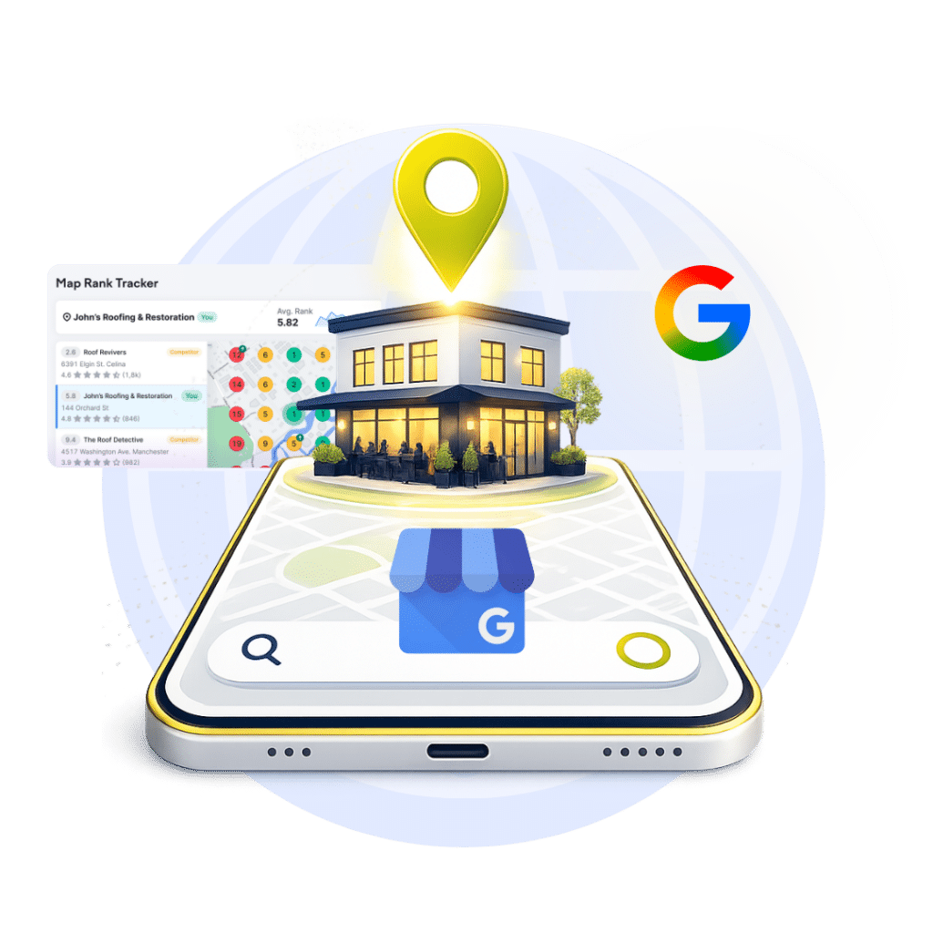 Smartphone en 3D mostrando el ícono de un local comercial, con un pin de ubicación brillante sobre un edificio y el logo de Google cerca, simbolizando el SEO local