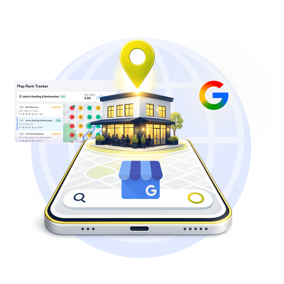 Smartphone en 3D mostrando el ícono de un local comercial, con un pin de ubicación brillante sobre un edificio y el logo de Google cerca, simbolizando el SEO local