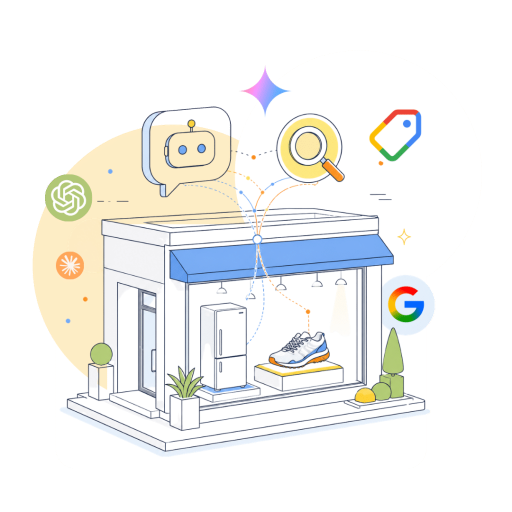 Ilustración isométrica de una tienda con un refrigerador y tenis deportivos en la vitrina, con una burbuja de chat de inteligencia artificial y un ícono de lupa de búsqueda conectados entre sí, simbolizando el SEO y AIO para retail