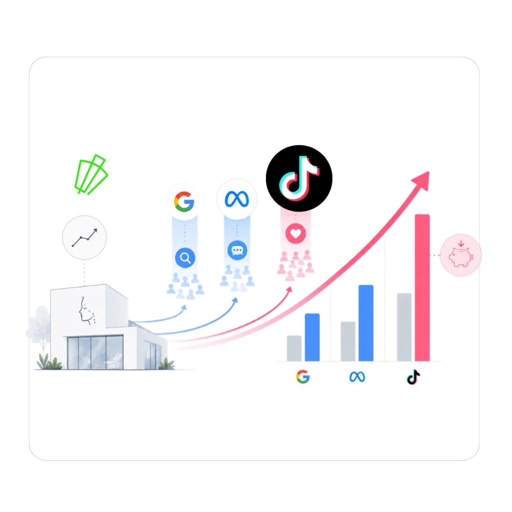 Ilustración conceptual de una clínica estética que combina Google Ads, Meta Ads y TikTok Ads en su estrategia digital, destacando el crecimiento de TikTok en Latinoamérica por su mayor alcance, mejores resultados y menor costo publicitario.