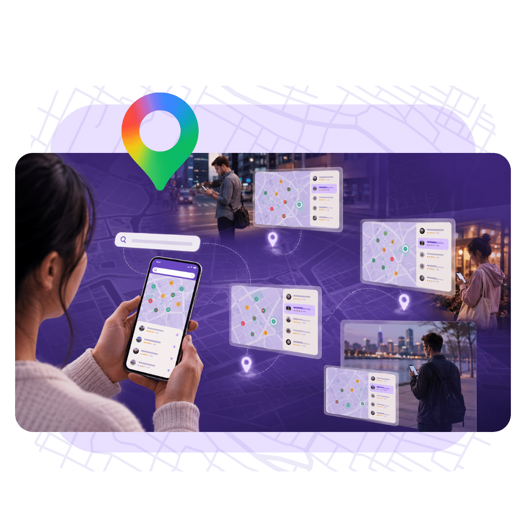 Personas en distintos puntos de una ciudad consultando resultados de búsqueda de negocios en el teléfono, con múltiples mapas y listados de reseñas superpuestos mostrando resultados distintos según la ubicación, en tono morado nocturno
