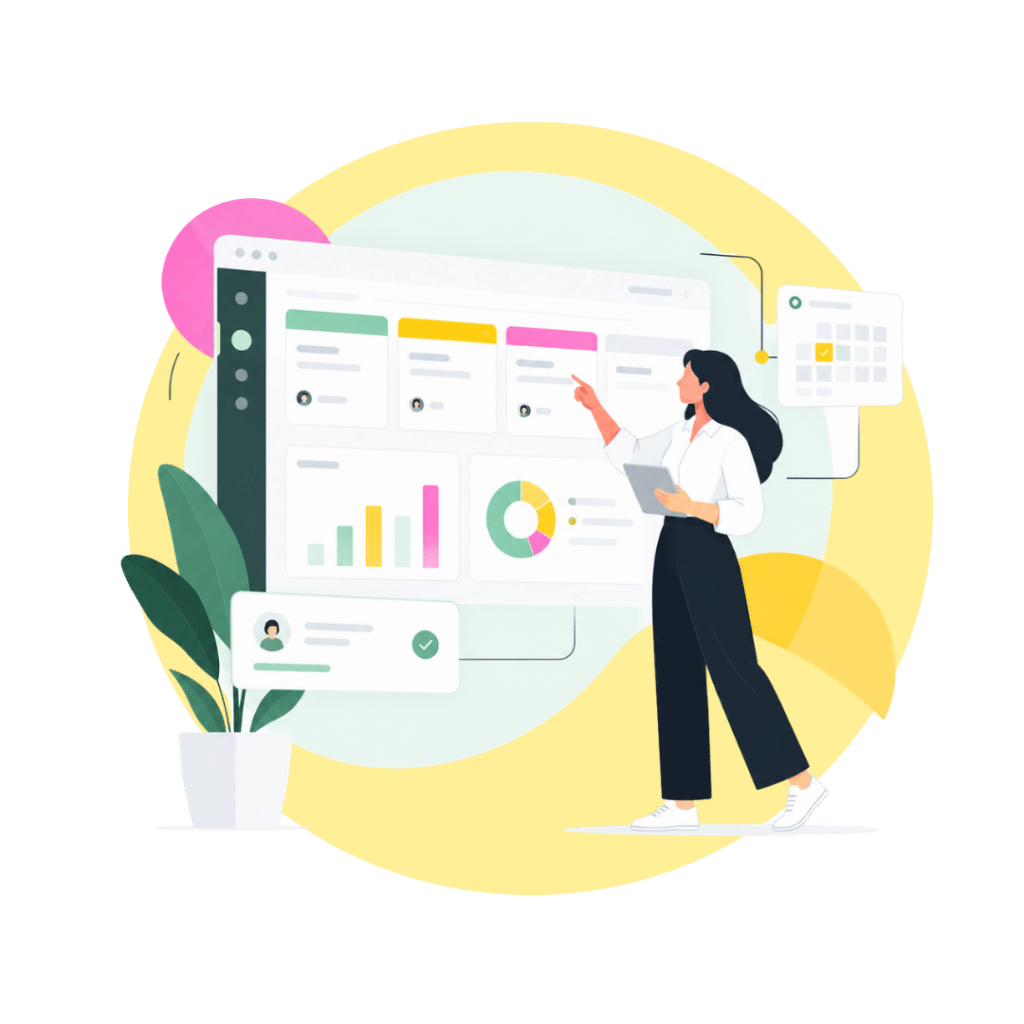 Ilustración de Sales Operations Assistant gestionando CRM, oportunidades comerciales, tareas y métricas de ventas en un dashboard digital.