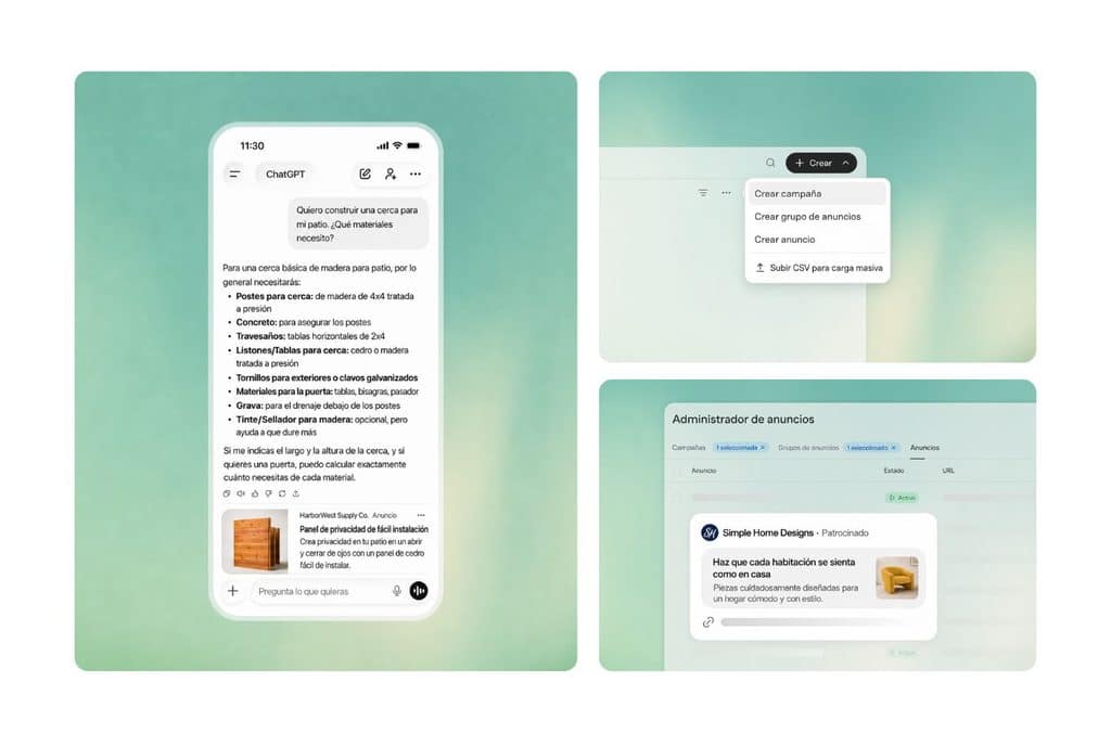 Imagen que muestra capturas de cómo se configuran anuncios para publicidad en ChatGPT y que próximamente estará disponible para Guatemala y el resto del mundo.
